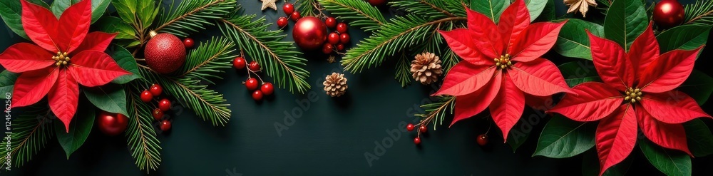 Obraz premium A stunning arrangement of colorful poinsettias and lush evergreen branches, evergreen, fir