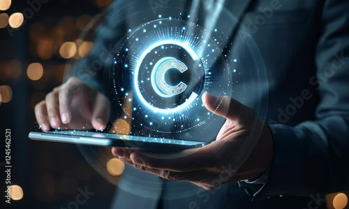 Man uses tablet, copyright symbol appears, bokeh background, legal tech