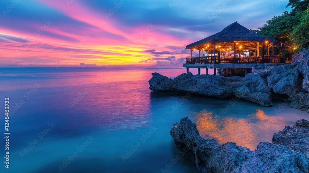 Sunset beach bar, ocean view, tropical paradise Sunset beach bar, ocean view, tropical paradise