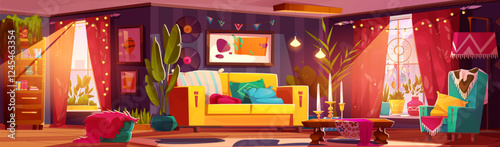 Boho living room with yellow sofa, green armchair, vinyl records and arts on wall, potted plants, sunlit windows with red curtains, wooden dining table, decorative candlestick for atmospheric interior