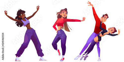 Dancer characters set showing different styles - street dance performer, modern footwork girl, ballet couple performing classical duet. Athletic performers with expressive poses for studio design.