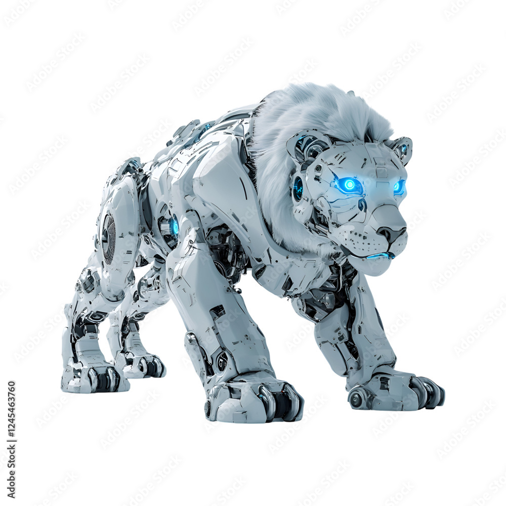 Robotic Lion with Chrome-Plated Fur and Glowing Blue Eyes Isolated on Transparent Background Robotic Lion with Chrome-Plated Fur and Glowing Blue Eyes Isolated on Transparent Background