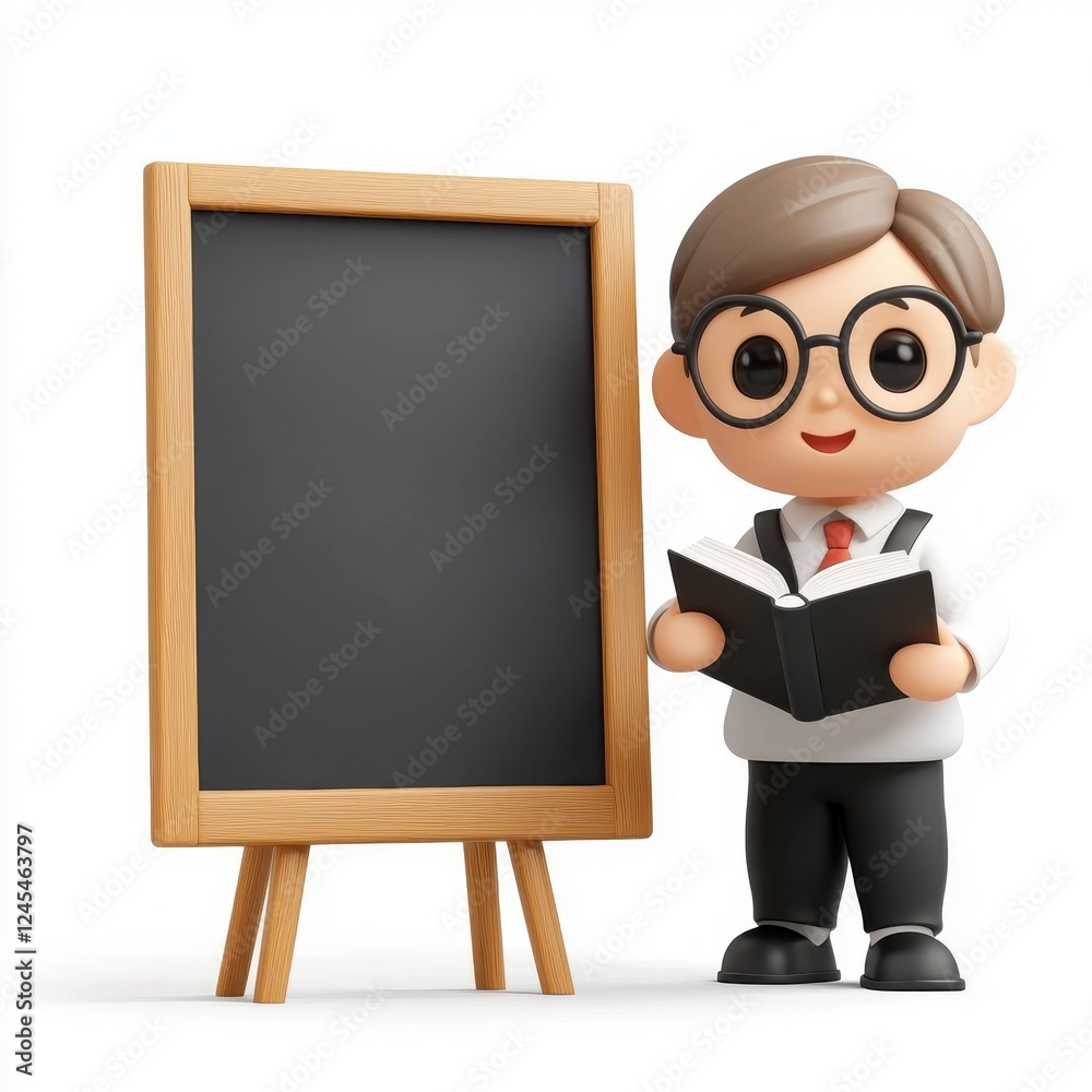 3d illustration of a teacher standing next to a blackboard in a classroom setting 3d illustration of a teacher standing next to a blackboard in a classroom setting