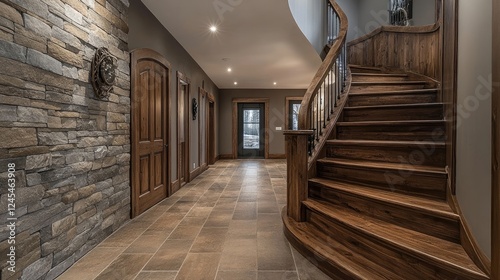 Wooden staircase and stone cladding wall in rustic hallway with cozy home decor
