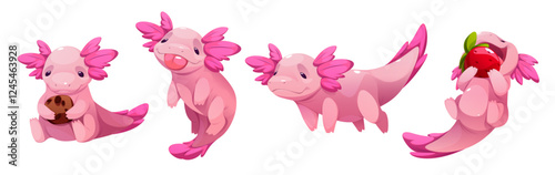 Cute axolotl characters set isolated on white background. Vector cartoon illustration of kawaii style pink salamander animals swimming, showing tongue, eating cookie and strawberry, education mascot