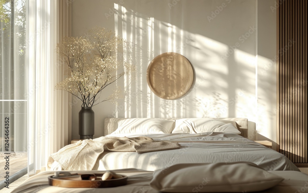 Cozy bedroom with a cozy bed near sheer curtains and wooden accents, and decorative elements round wall art on beige wall