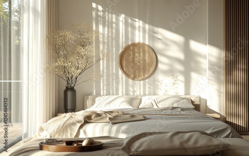 Obraz na płótnie Cozy bedroom with a cozy bed near sheer curtains and wooden accents, and decorative elements round wall art on beige wall w salonie