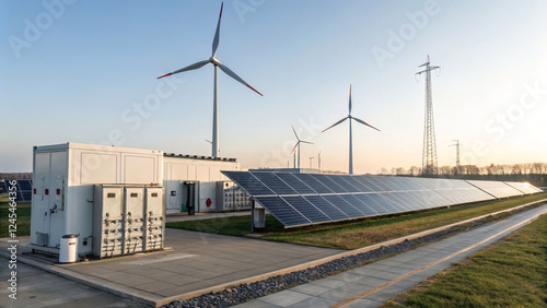High tech wind and solar hybrid system with solar panels and turbines photo