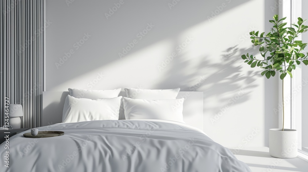 Minimalist Bedroom with white bed with grey bedding, a plant in a white pot, and sunlight streaming through a window.