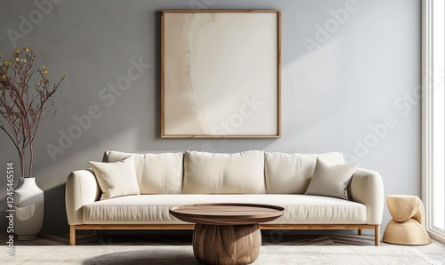 Cozy living room with a plush beige sofa round wooden coffee table and blank frame on beige wall.