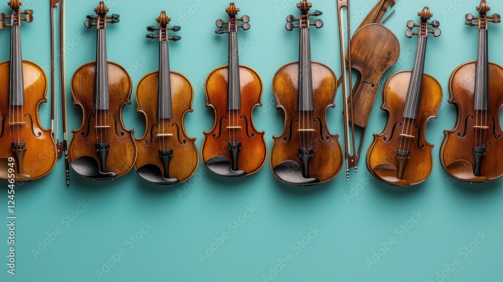Fototapeta premium Row of violins on teal background; music instrument collection; overhead view; website banner