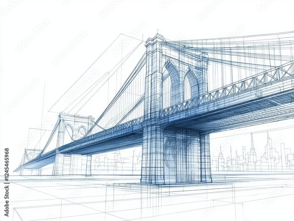 Obraz premium Blueprint drawing of the brooklyn bridge architectural design plan with detailed measurements and annotations