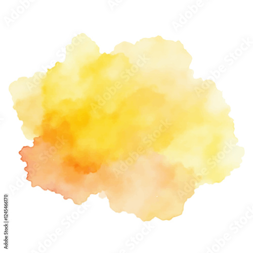 A vibrant, abstract watercolor stain in shades of yellow and orange, with a soft, textured look. 