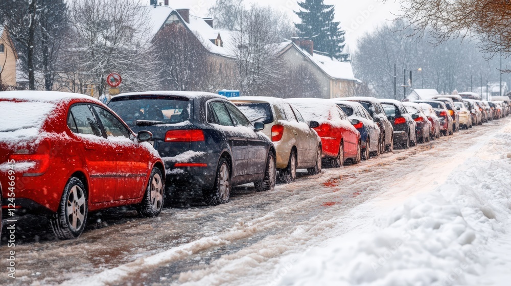 Naklejka premium Winter Traffic Jam with Cars Stuck in Snowy Conditions on a Residential Street with Accumulated Snowfall