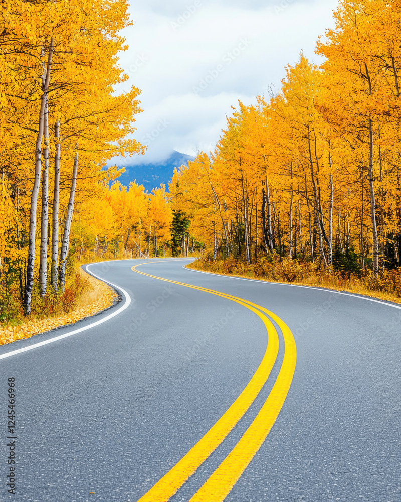 Fototapeta premium Winding road through vibrant autumn trees with golden leaves