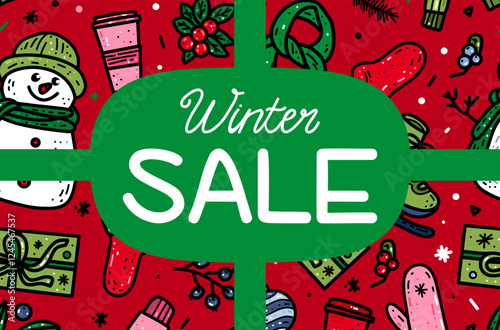 Vector illustration winter sale green banner in doodle style with a snowman, mittens, coffee, gifts for posters, greeting cards, headers, website, sale