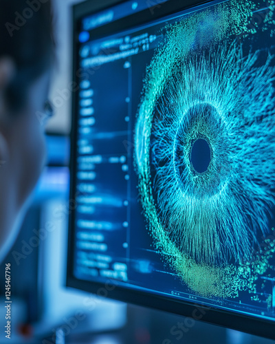 Cataract surgery vision technology. Lens laser. Cornea treatment. Ophthalmology diagnosis. An ophthalmologist discussing treatment options with a patient.