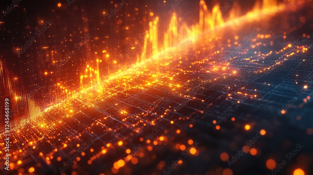 Vibrant digital waveform visualization with glowing particles and grid background in motion Vibrant digital waveform visualization with glowing particles and grid background in motion