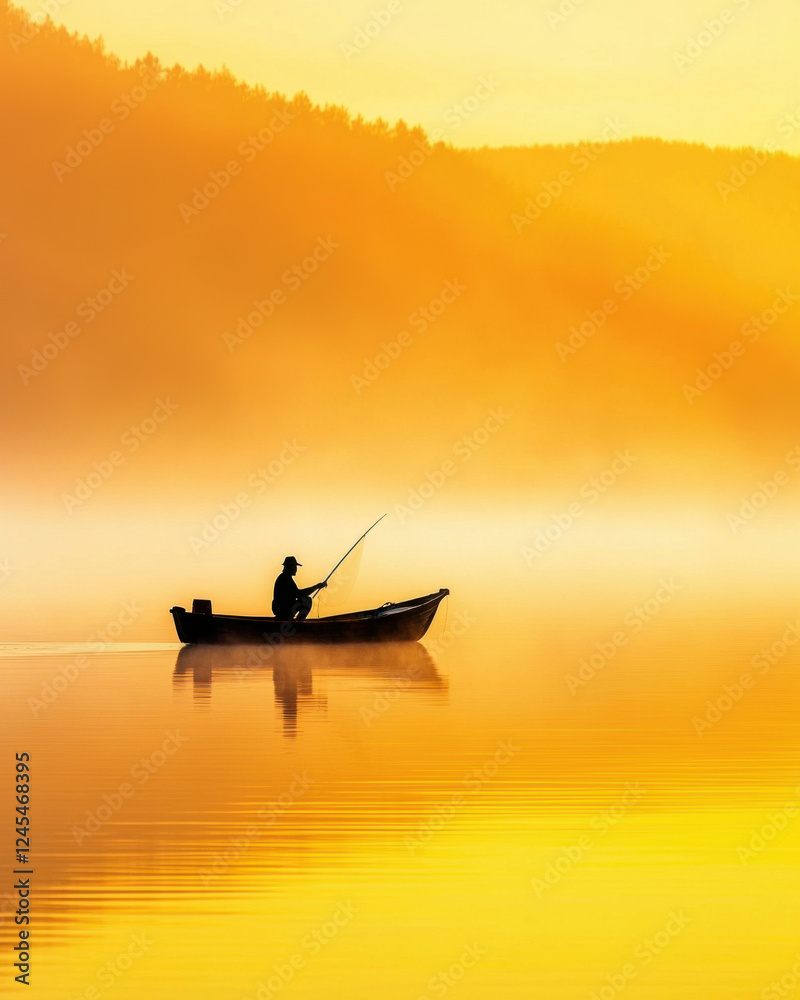 fisherman silhouette in small boat gliding across golden lake at dawn fisherman silhouette in small boat gliding across golden lake at dawn