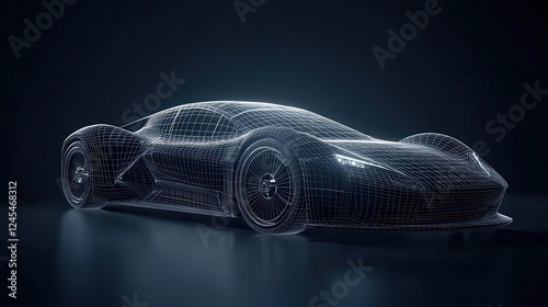 Car in dark room with wireframe design and dramatic lighting showcasing automotive engineering and creativity