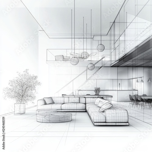 Sketch of a living room featuring a sofa coffee table and decorative elements in a minimalist style