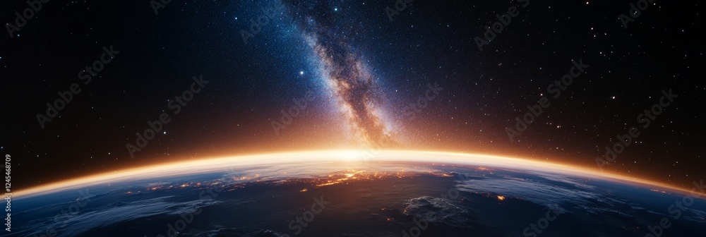 Obraz premium Cosmic Digital Art Breathtaking Milky Way and Earths Horizon in Ultra-HD - Innovative Space-Themed Visuals for Digital Marketing and Educational Uses