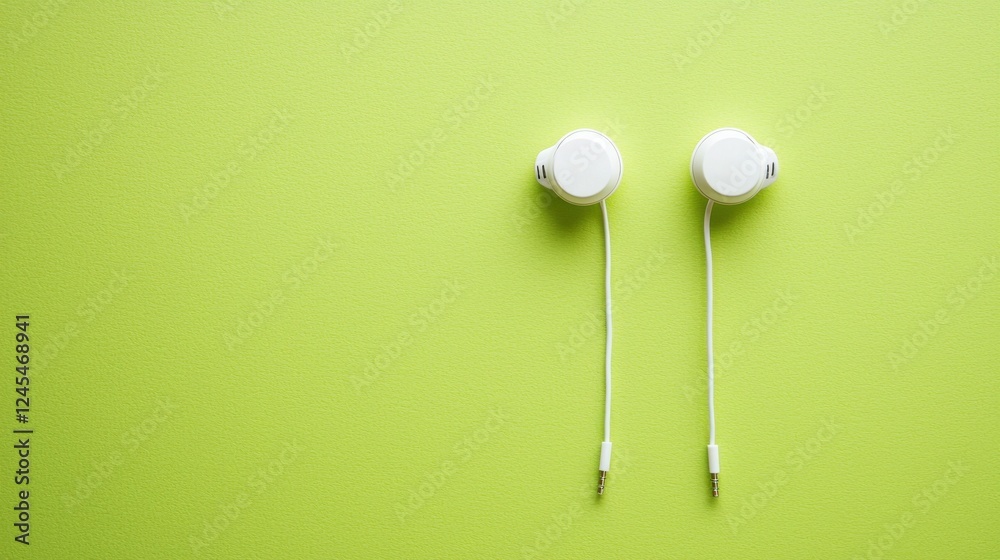 White earbuds on green background, minimalist audio concept, product photography, website banner White earbuds on green background, minimalist audio concept, product photography, website banner