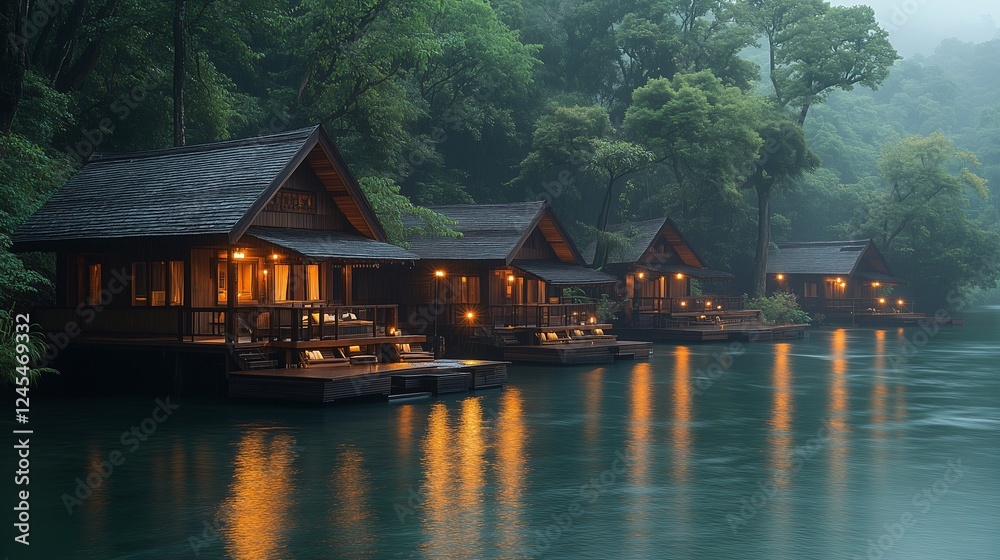 Fototapeta premium Wooden Cabins on a Misty Lake