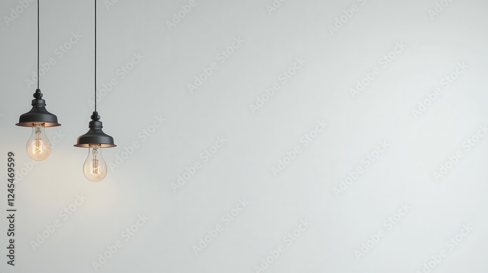 Two hanging light bulbs illuminating a modern interior ceiling design in a contemporary setting Two hanging light bulbs illuminating a modern interior ceiling design in a contemporary setting