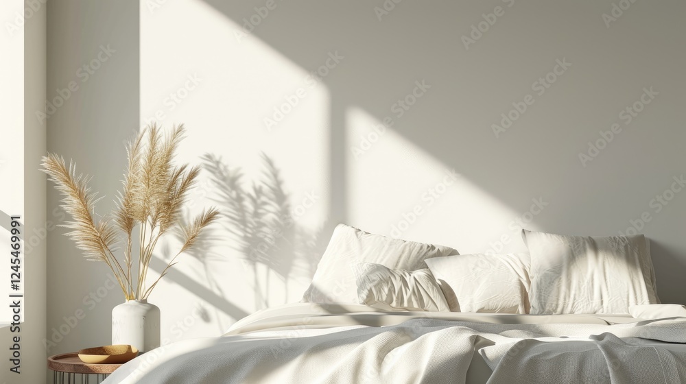 Closeup bedroom with sunlit bed with neutral bedding and pampas grass in a vase on a side table.