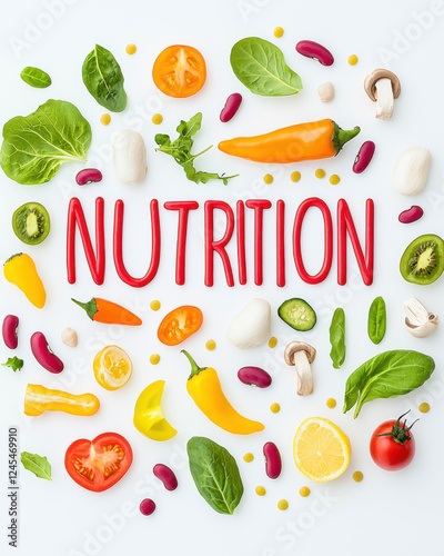 Creative food lettering of NUTRITION with colorful vegetables and fruits