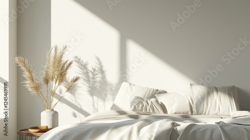 Obraz na płótnie Closeup bedroom with sunlit bed with neutral bedding and pampas grass in a vase on a side table. w salonie