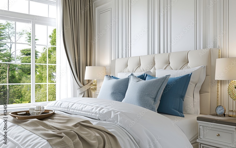 Luxury Scandinavian bedroom with a plush bed with blue and cream bedding, and elegant lamps, near a tranquil window view.