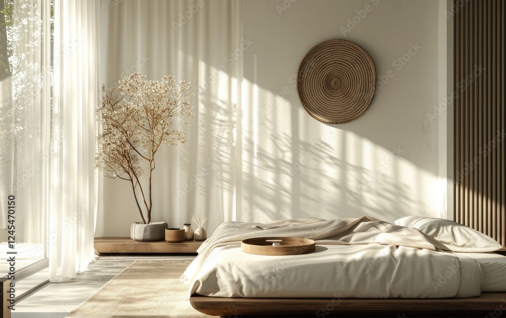 Calm minimalist bedroom with a low bed on a wooden floor and a wooden tray on a bed against a beige wall backdrop