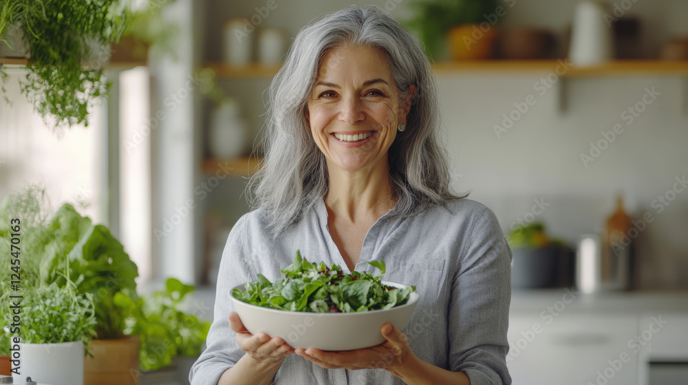 An elderly woman is holding a plate of vegetable salad in her hand An elderly woman is holding a plate of vegetable salad in her hand