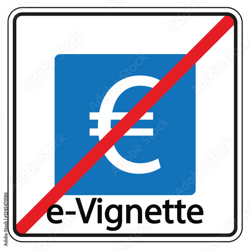 Red diagonal stripe crossing a blue square with a white euro symbol and the text e-vignette