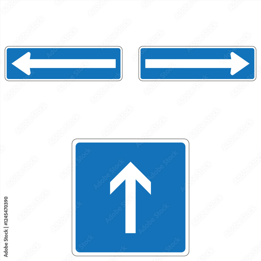 One way, forward, left and right arrow road signs pointing directions on white background One way, forward, left and right arrow road signs pointing directions on white background