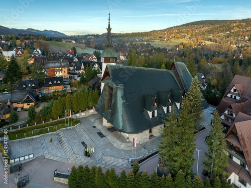 Zakopane: Sanktuarium na Krzeptówkach - widok z drona o poranku jesienią photo