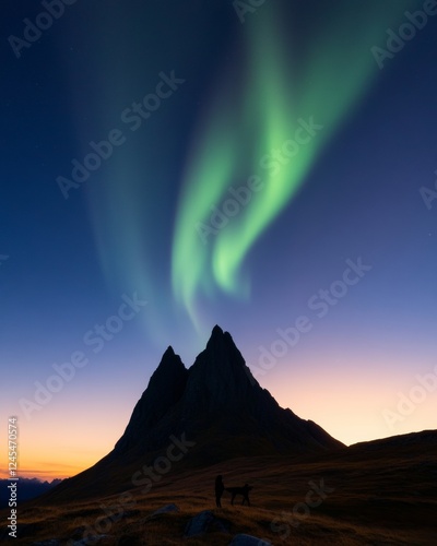 Majestic Landscape Illuminated Night Sky over Rugged Peaks with Vibrant Aurora - Outdoor Adventure Promotion and Nature Tourism Marketing photo