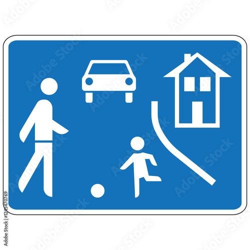 Blue residential area road sign showing playing children, a walking pedestrian and a car sharing the road