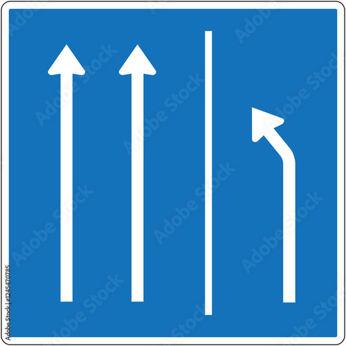 Added lane road sign showing two straight lanes merging into three, with one dedicated right turn lane, on blue background