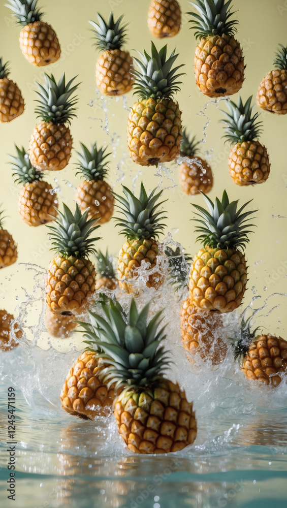 Fototapeta premium Fresh pineapples splashing into water, a vibrant display of tropical fruit.