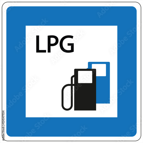 Square road sign with blue border indicating the presence of an lpg filling station, providing information for drivers seeking liquefied petroleum gas