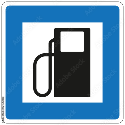 Square road sign indicating a gas station with a fuel pump symbol, providing clear direction for drivers seeking refueling