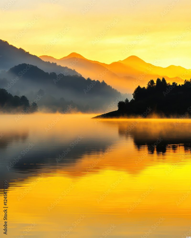 Obraz premium Golden mist rolling over tranquil lake at sunrise, creating serene landscape