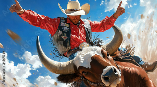 Rodeo event with cowboys and bull riders in an outdoor arena photo