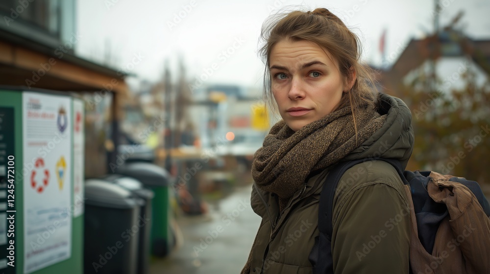 Fototapeta premium Young woman with backpack standing near recycling bins on a cloudy day