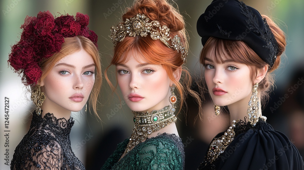 Obraz premium Elegant Trio with Red Hair and Vintage Fashion
