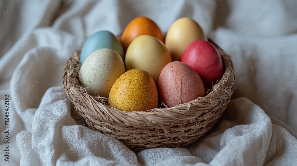 Naturally dyed easter eggs in a woven basket on soft fabric background Naturally dyed easter eggs in a woven basket on soft fabric background