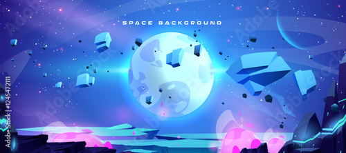 Blue space background with planet surface. Vector cartoon illustration of night sky with stars, asteroids and stones flying in air, alien desert with pink neon light in craters, cosmos exploration